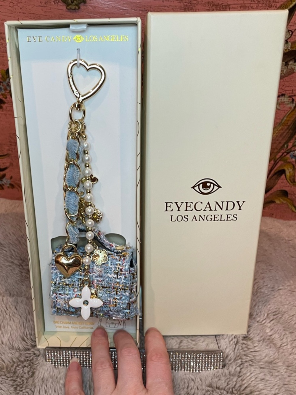 EyeCandy Los Angeles Blue Tweed and denim Bag Charm Keychain